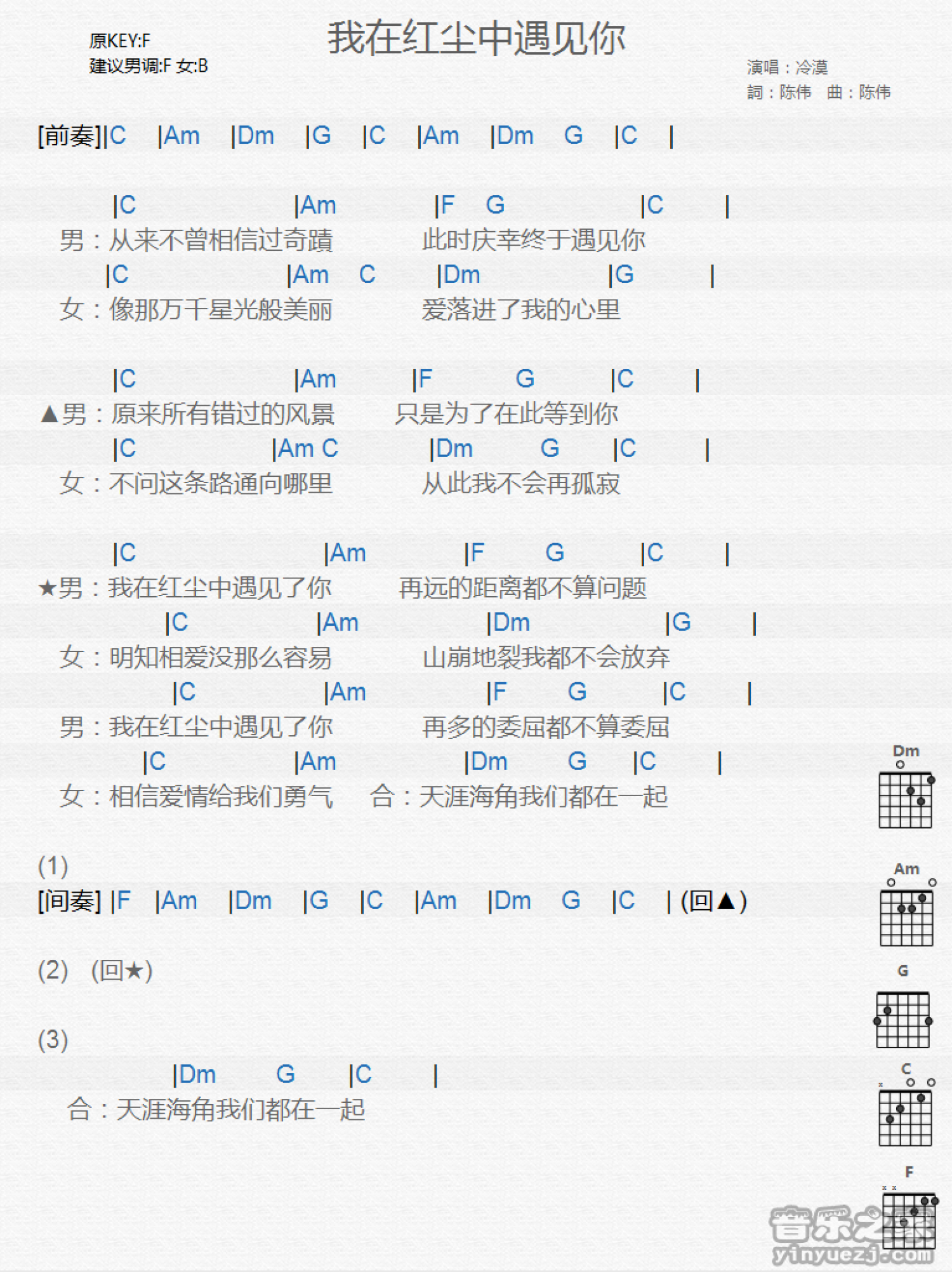 我在红尘中遇见你吉他谱 - 冷漠 - F调吉他弹唱谱 - 和弦谱第1张