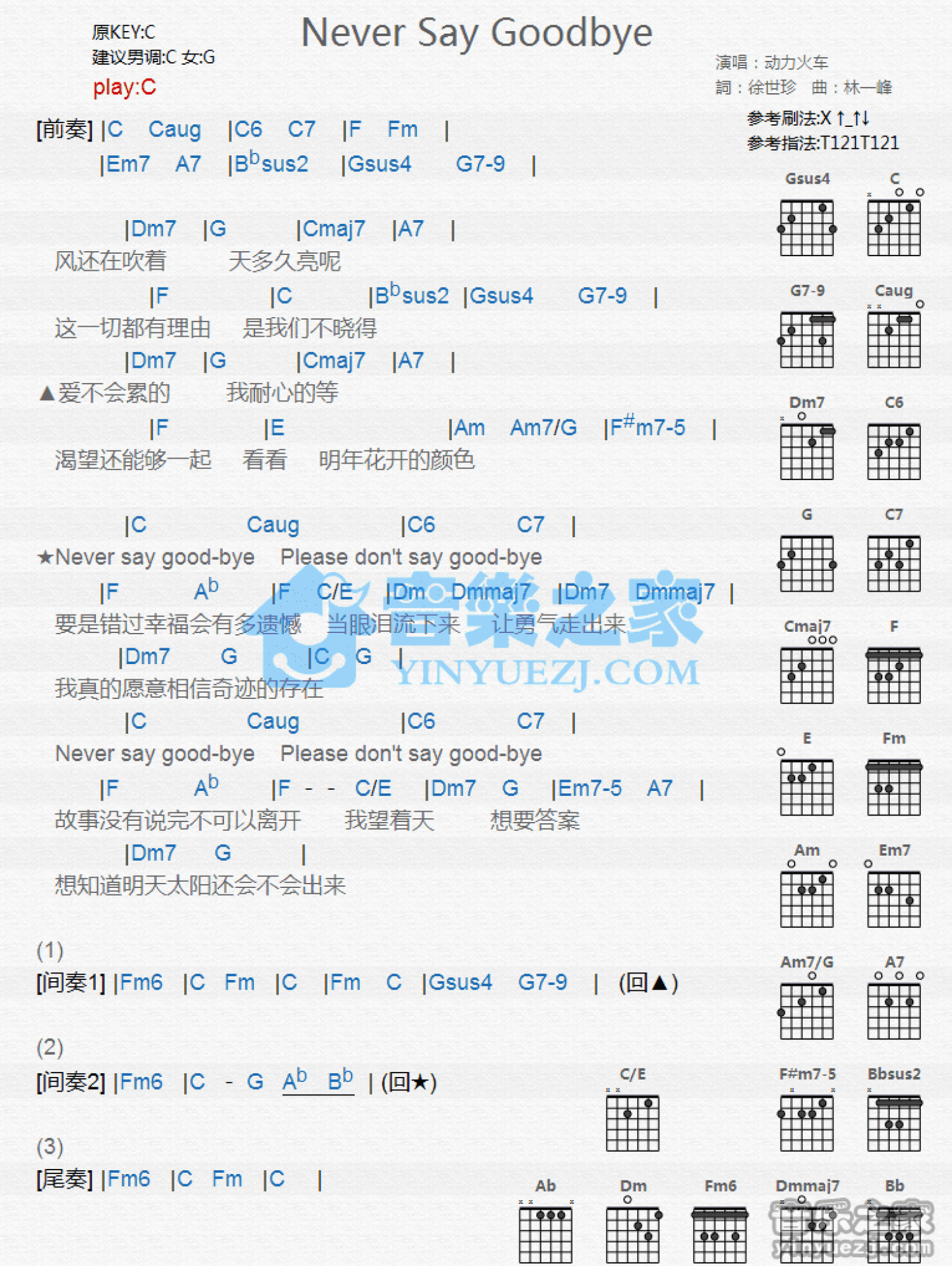 Never Say Goodbye吉他谱 - 动力火车 - C调吉他弹唱谱 - 和弦谱第1张