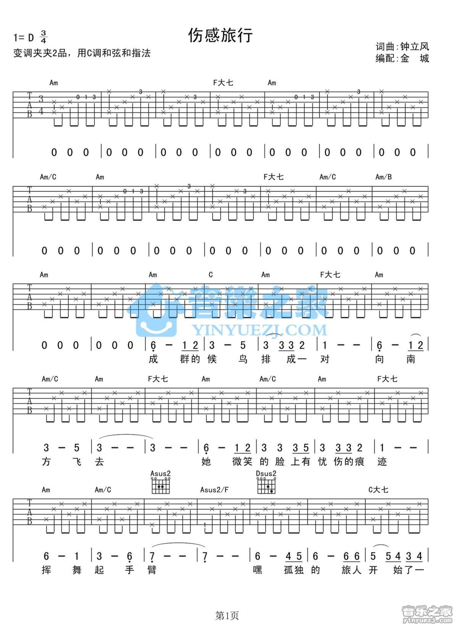 伤感旅行吉他谱 - 钟立风 - C调吉他弹唱谱第1张