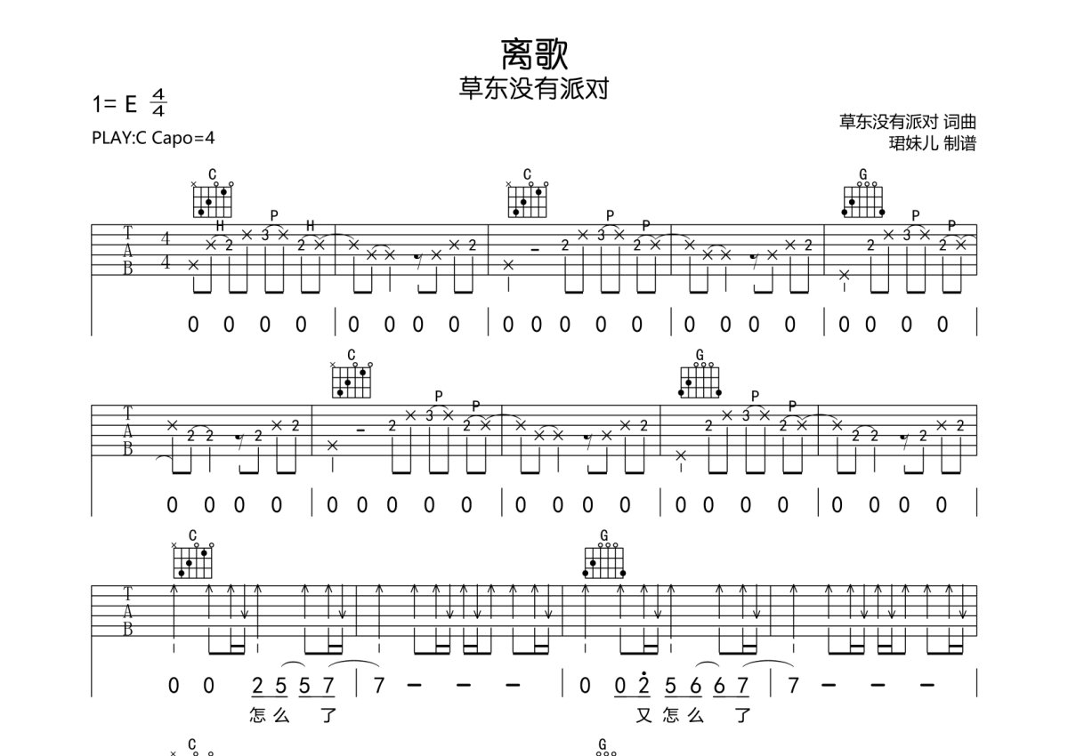 离歌吉他谱 - 草东没有派对 - C调吉他弹唱谱第1张